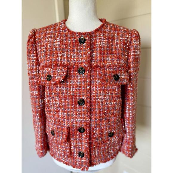 ANN TAYLOR Tweed Jacket 12P Orange Spark Fringe Trim Lined Blazer Woven - Picture 1 of 9